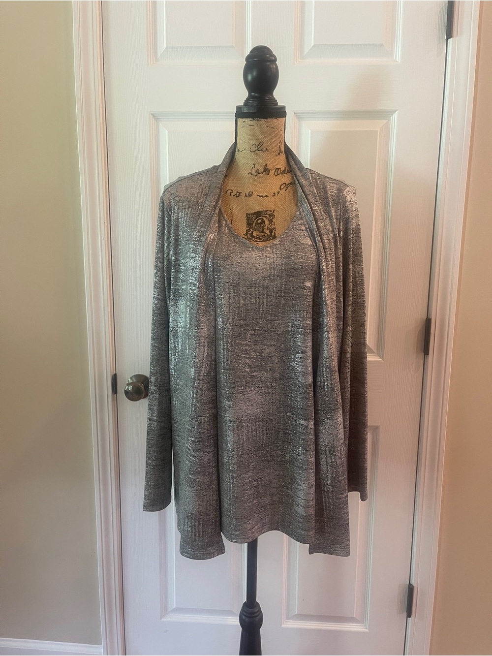 Susan Graver 2-Piece Silver Metallic Tank & Open Long Sleeve Cardigan Blouse Set